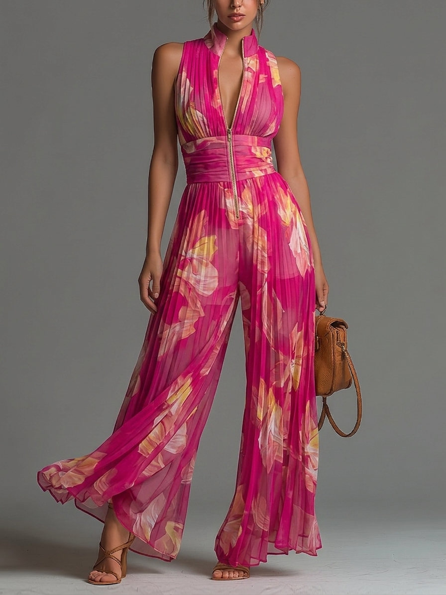 Wells & Monroe Fuchsia Bloemenprint Jumpsuit, Mouwloos Wijde Pijpen