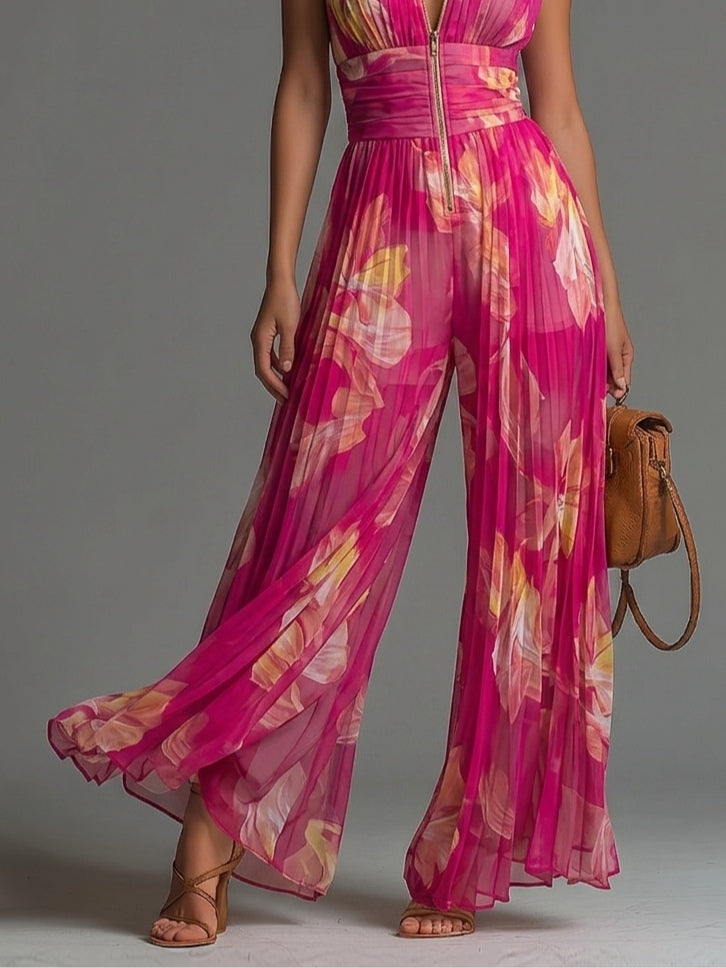 Wells & Monroe Fuchsia Bloemenprint Jumpsuit, Mouwloos Wijde Pijpen