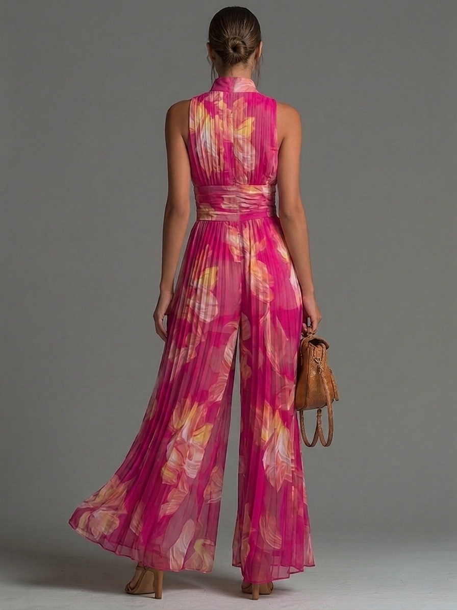 Wells & Monroe Fuchsia Bloemenprint Jumpsuit, Mouwloos Wijde Pijpen
