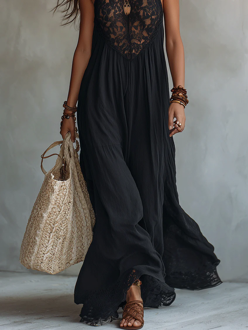 Wells & Monroe Charleston Bohemian Zwarte Mouwloze Maxi Jurk met Kant