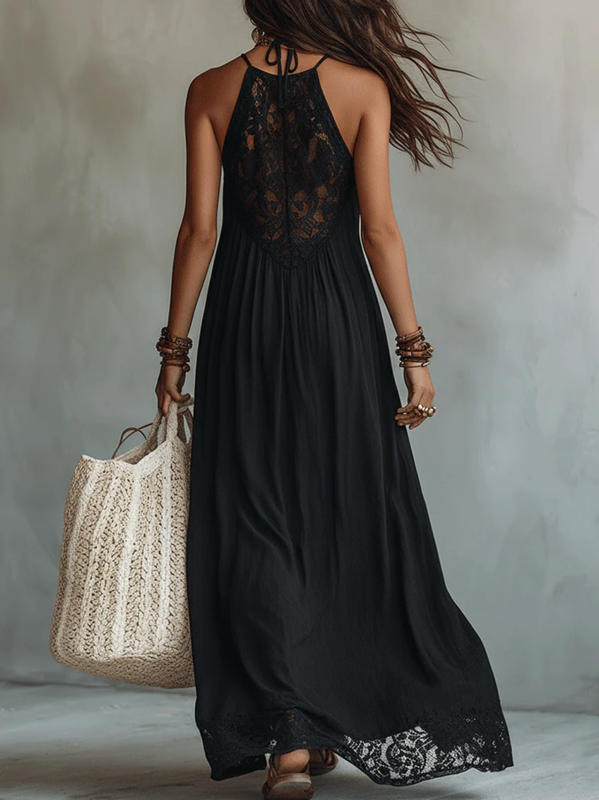 Wells & Monroe Charleston Bohemian Zwarte Mouwloze Maxi Jurk met Kant