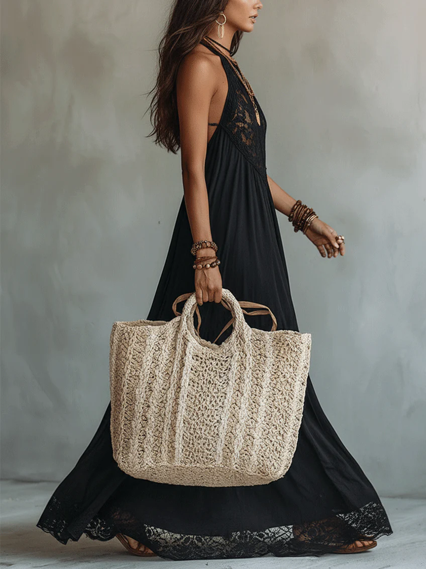Wells & Monroe Charleston Bohemian Zwarte Mouwloze Maxi Jurk met Kant