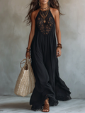Wells & Monroe Charleston Bohemian Zwarte Mouwloze Maxi Jurk met Kant