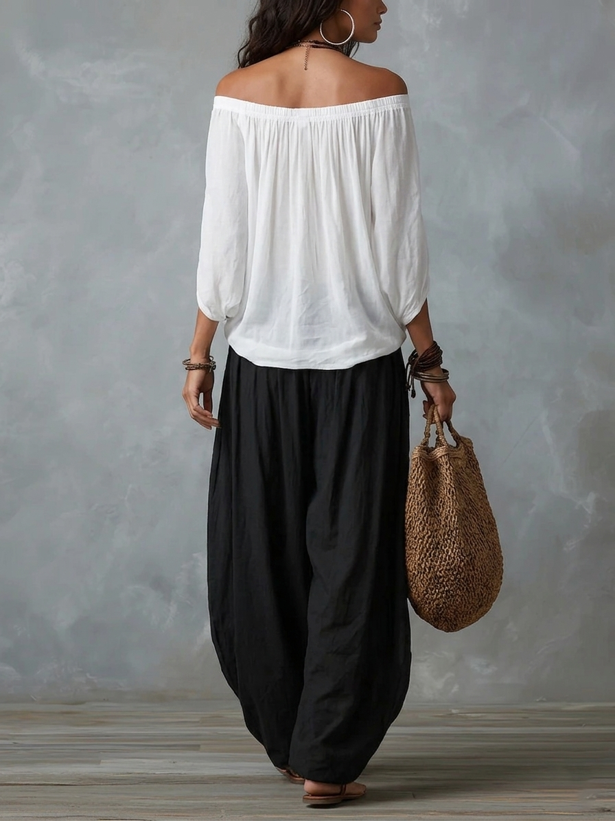 Wells & Monroe Charleston Off-Shoulder Top en Lantern Broek Set Wit