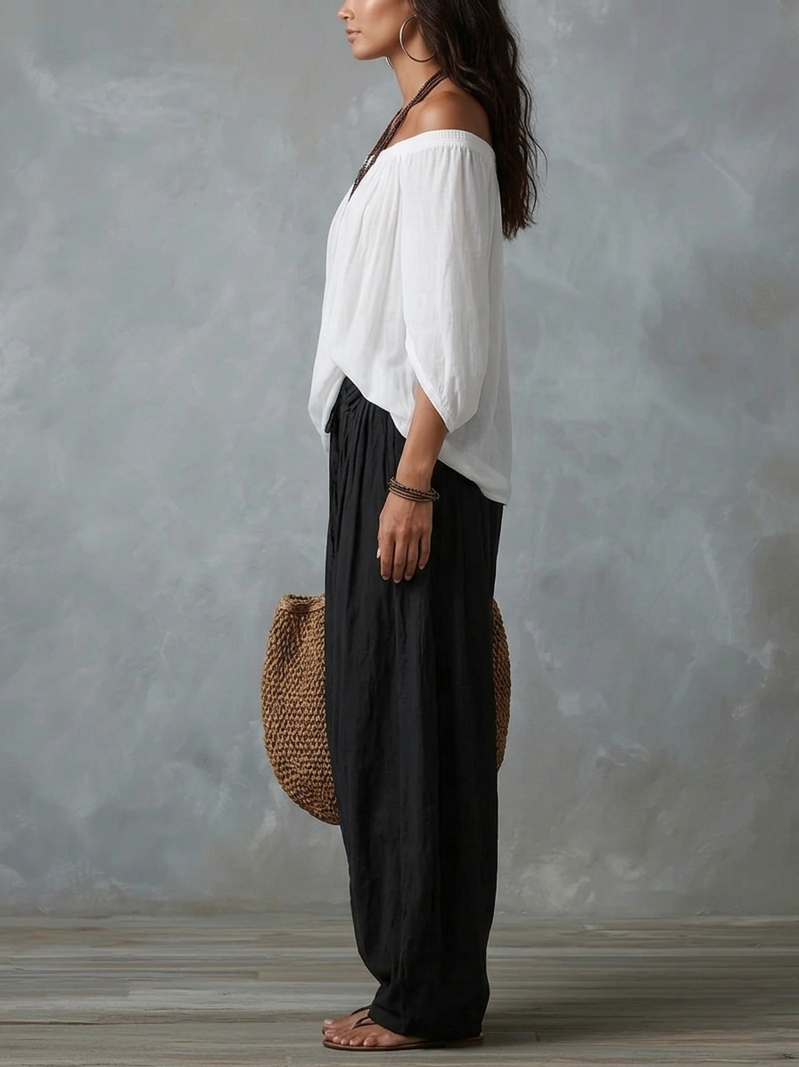 Wells & Monroe Charleston Off-Shoulder Top en Lantern Broek Set Wit