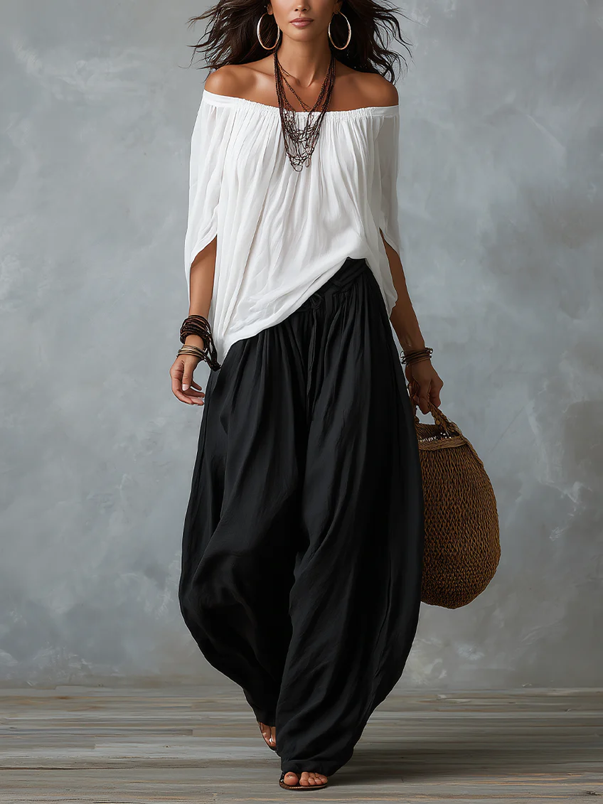 Wells & Monroe Charleston Off-Shoulder Top en Lantern Broek Set Wit