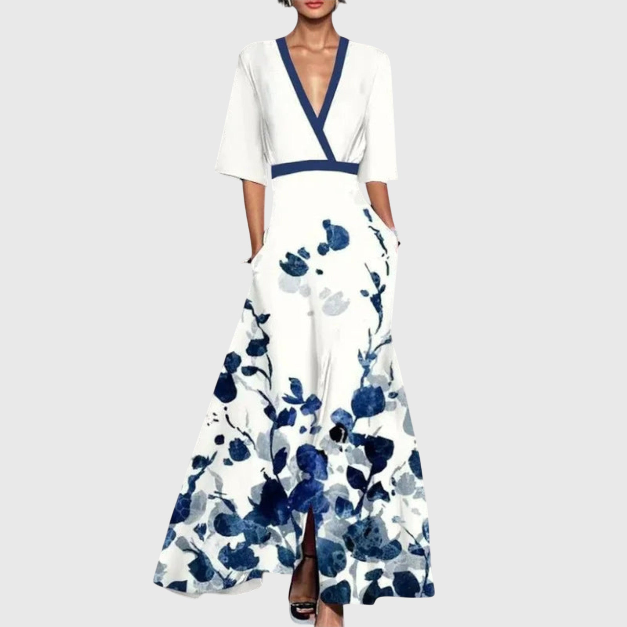 Women's Elegant Flowy Maxi Dress with 3/4 Sleeves