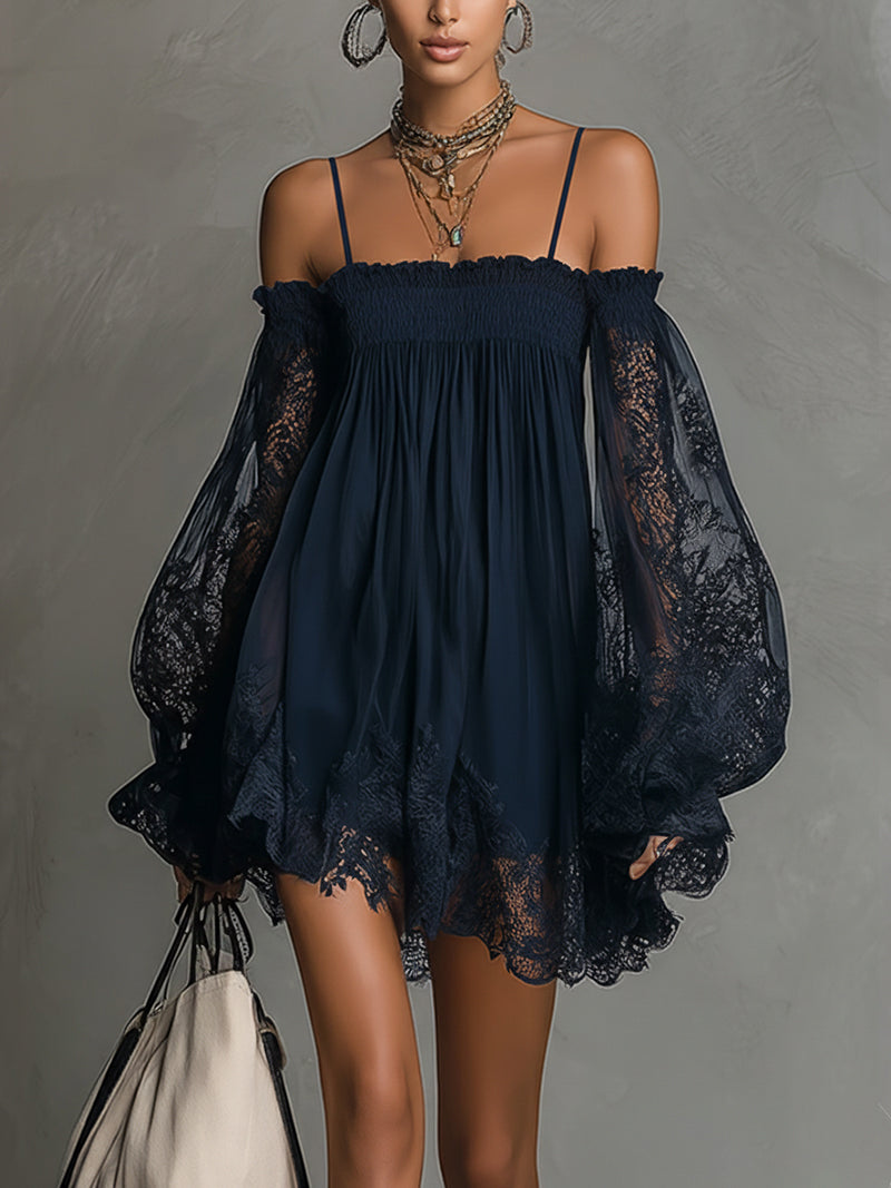 Marineblauwe Kanten Chiffon Minijurk met Off-shoulder Halslijn en Mouwen