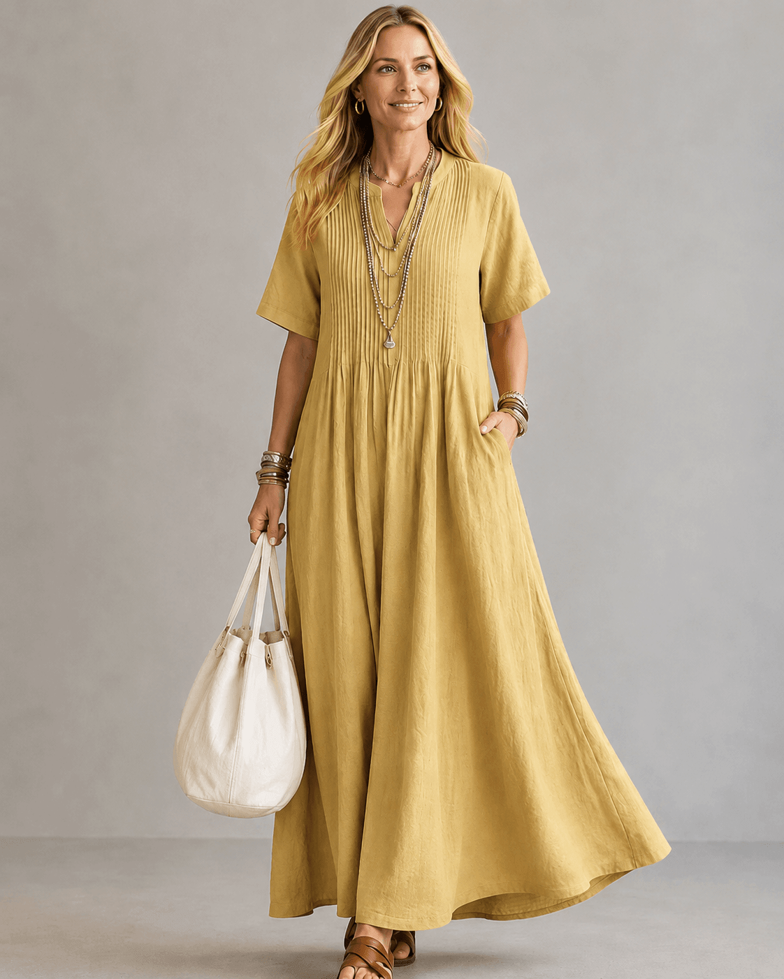 Nathalia Geplooide Maxi Jurk met Comfortabele Pasvorm en Ademende Stof