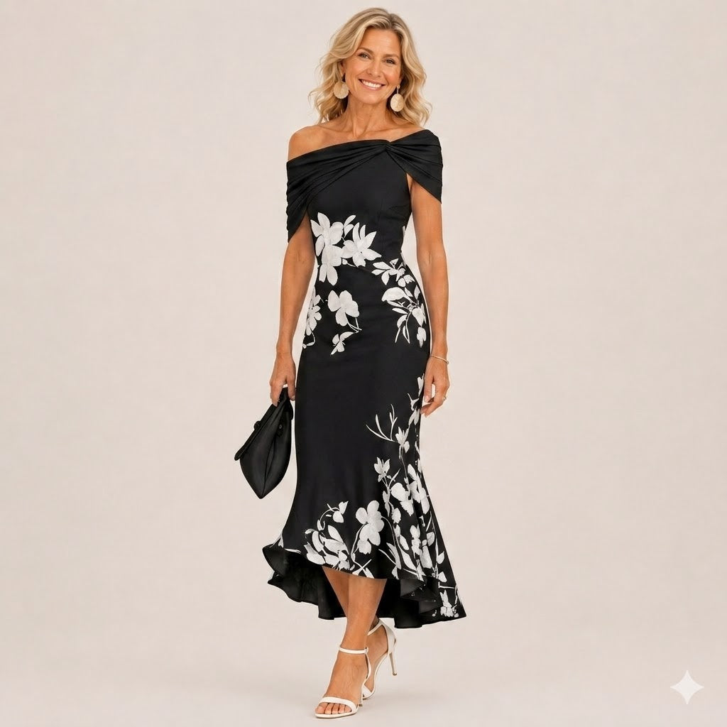 Wells and Mercer Althea Bloemen Midi Jurk met Blote Schouders