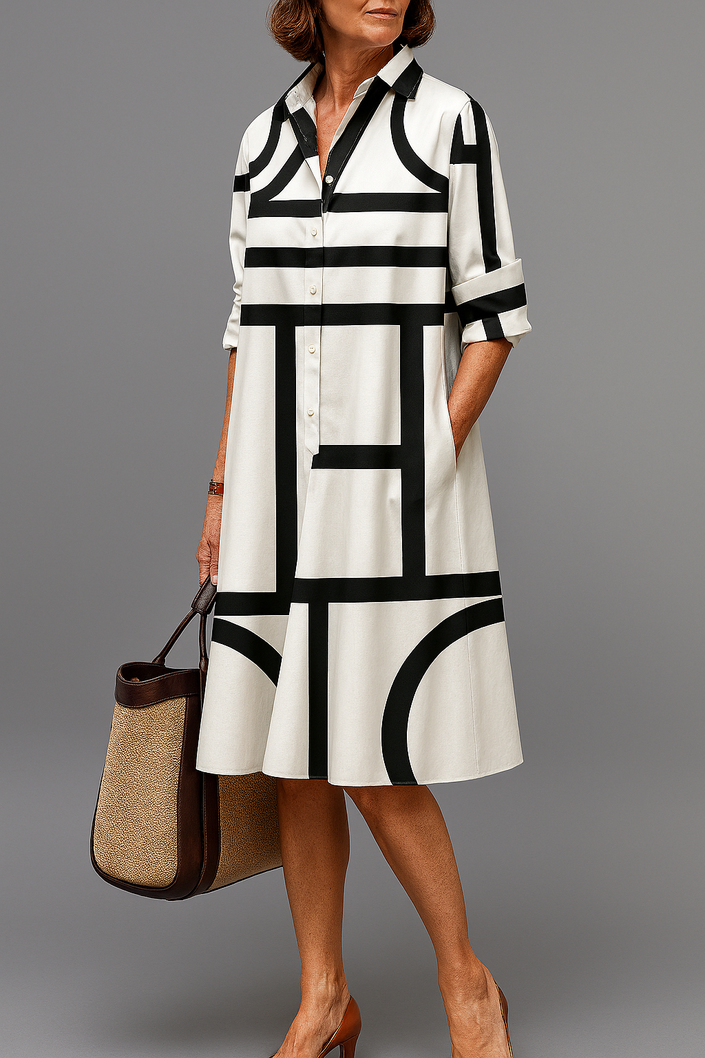 Ellie Lichtgewicht Midi-Jurk met Casual Elegant Design Wit Zwart