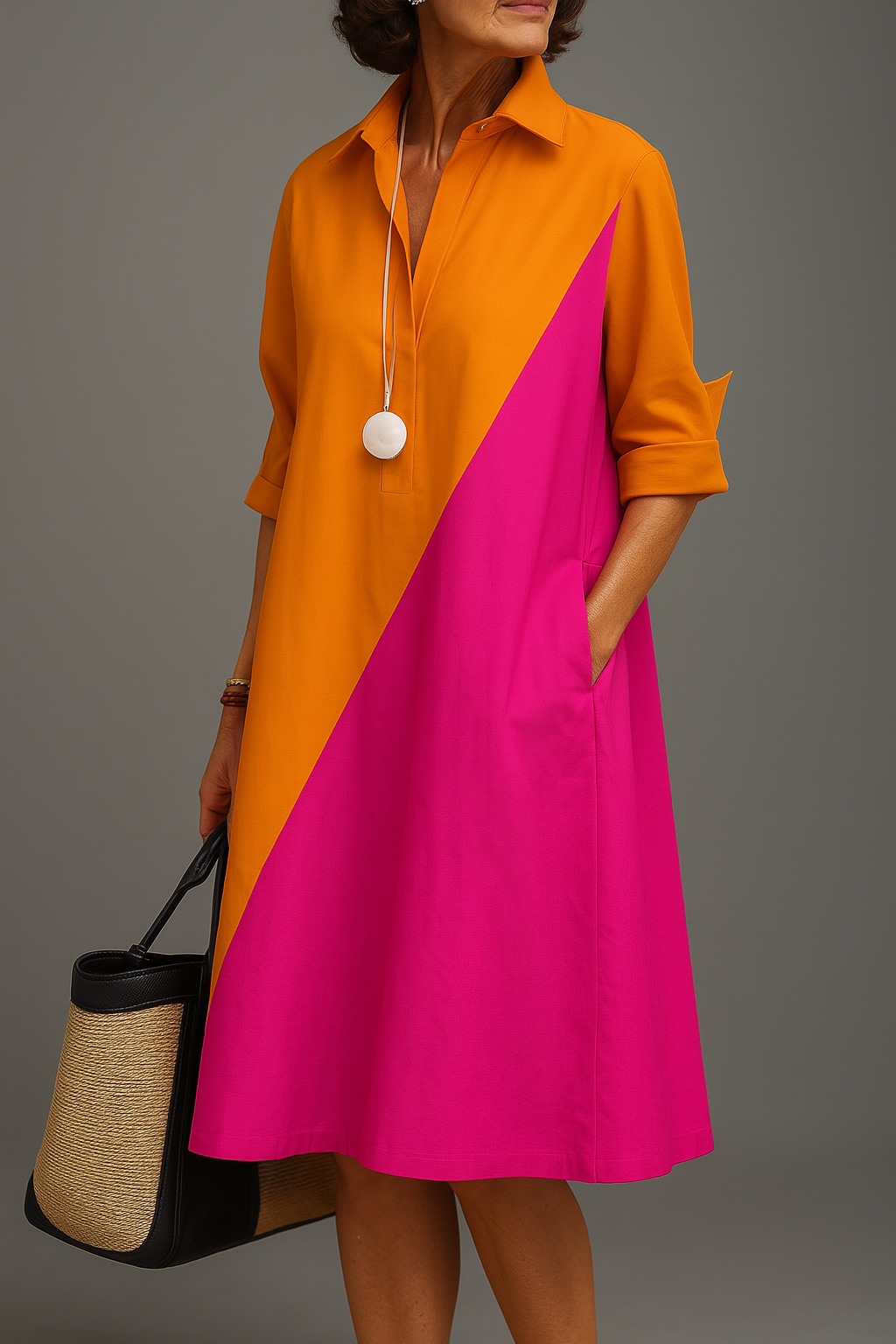 Comfortabele Midi Jurk met Losse Pasvorm in Oranje Roze