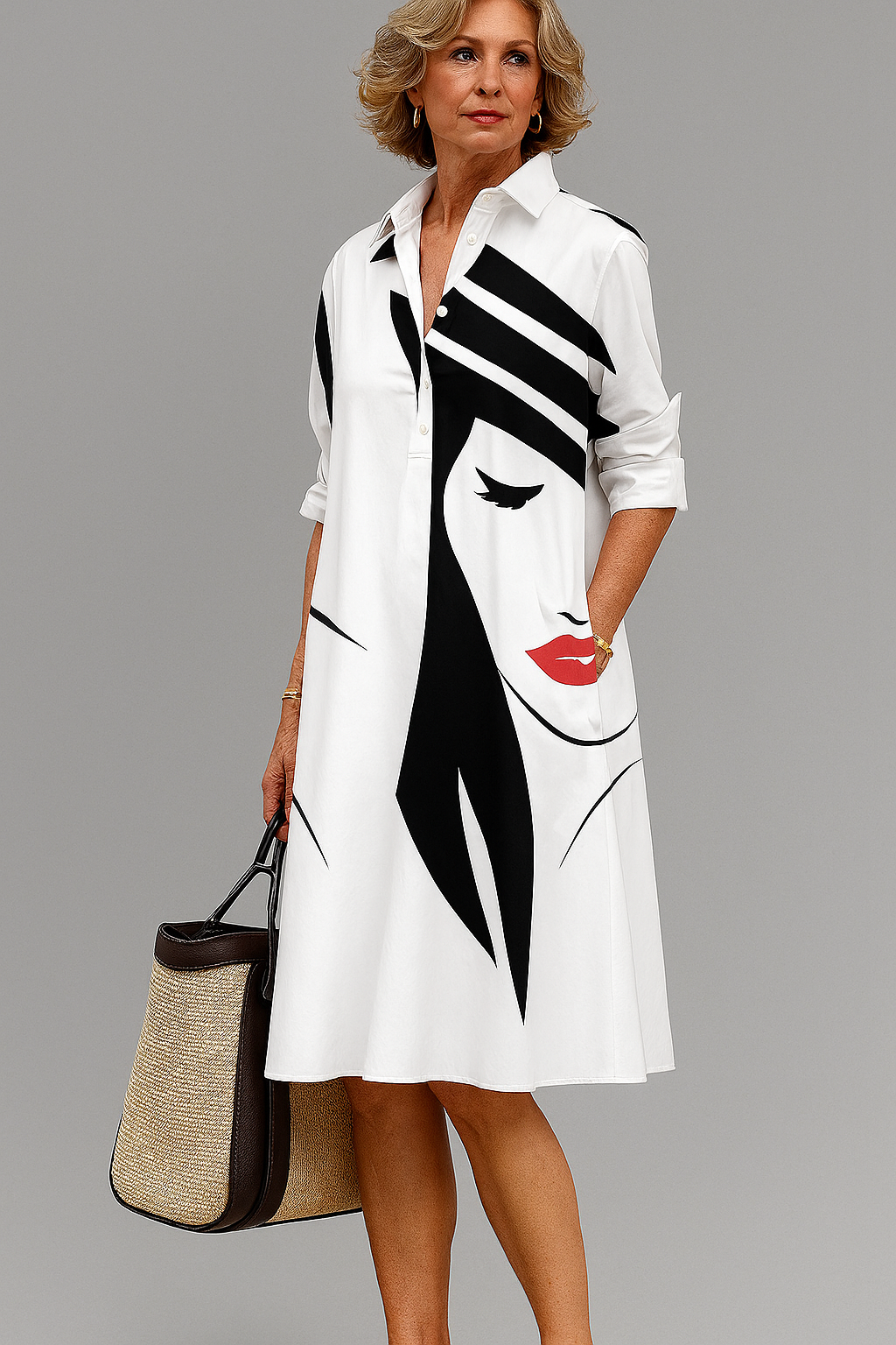Bella Midi Jurk, Losvallend, Wit, Comfortabele Pasvorm