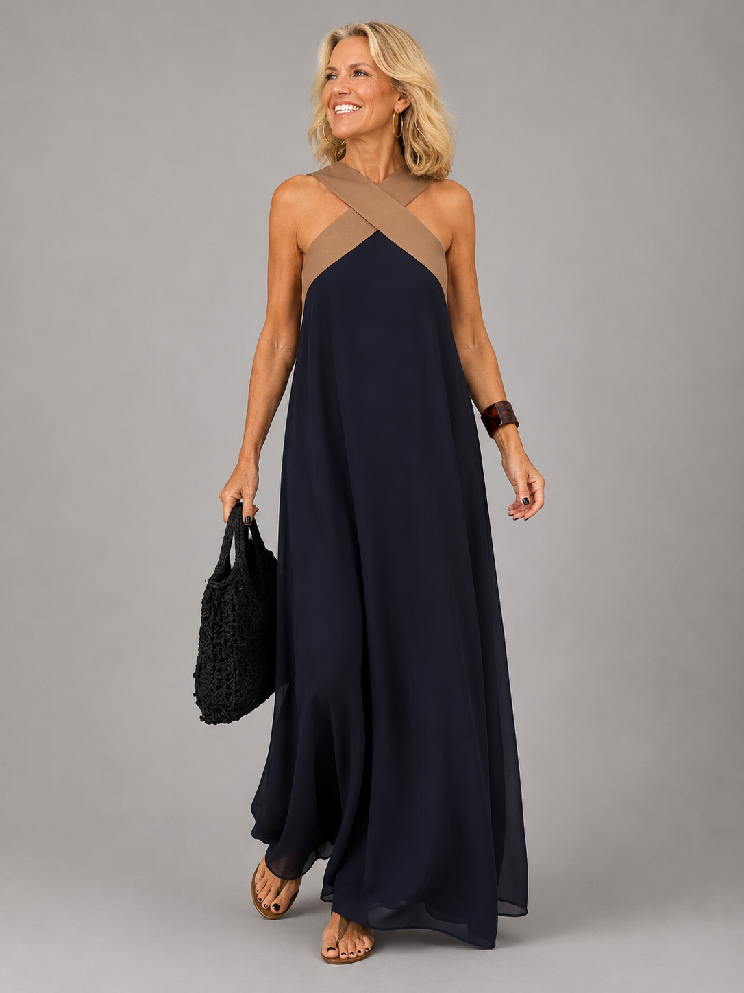 Dames Elegante Gekruiste V-Hals Maxi Jurk