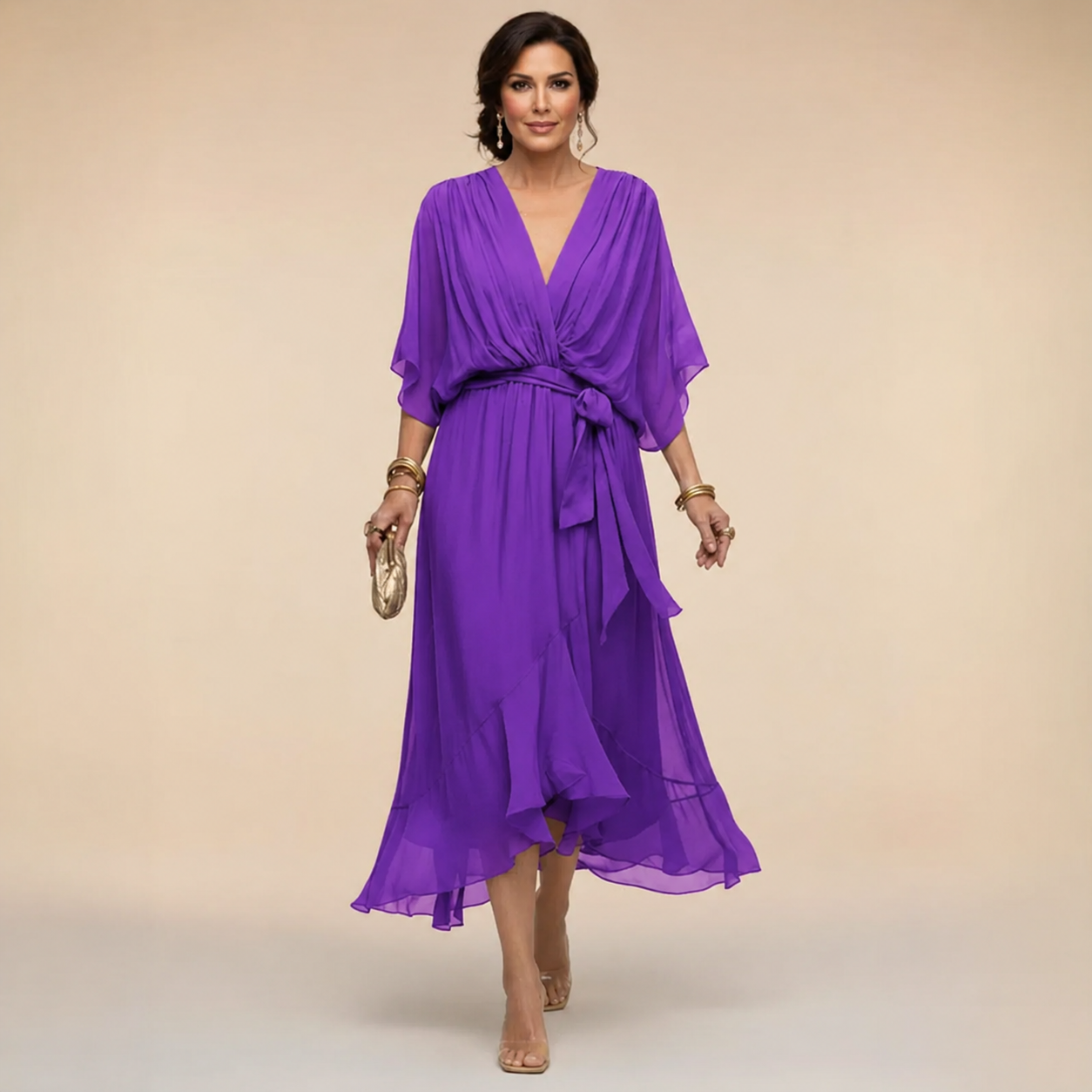 Dames Elegante Luchtige V-Hals Midi Jurk