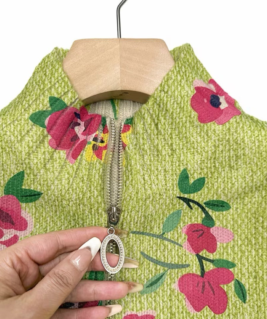 Constance Gebreid Vest met Bloemenprint, Roze, Lime