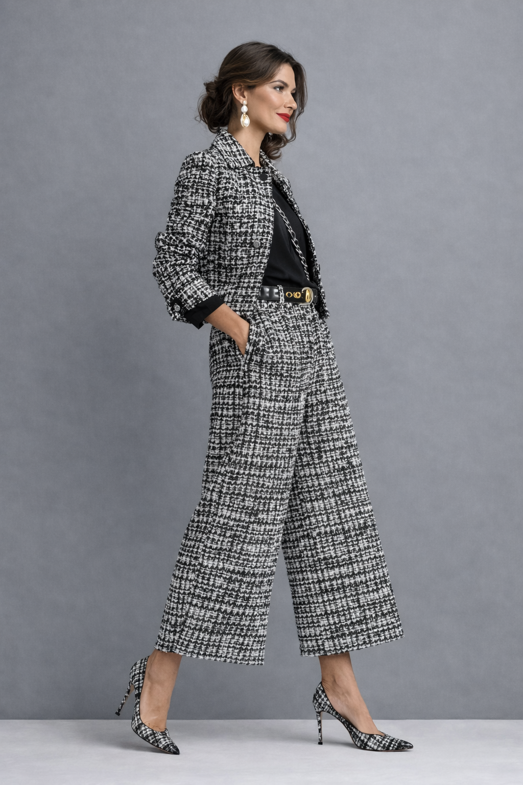 Lucia Tweedset met Cropped Jas en Wide-Leg Broek