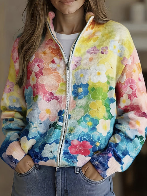 Harper, Hazel & Hannah Augusta Gebreid Vest, Aquarel Bloemenprint, Rits