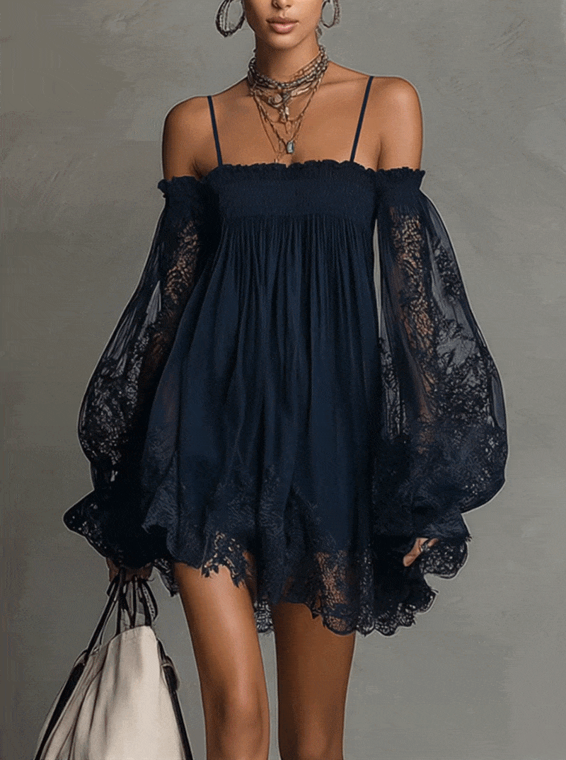 Marineblauwe Kanten Chiffon Minijurk met Off-shoulder Halslijn en Mouwen