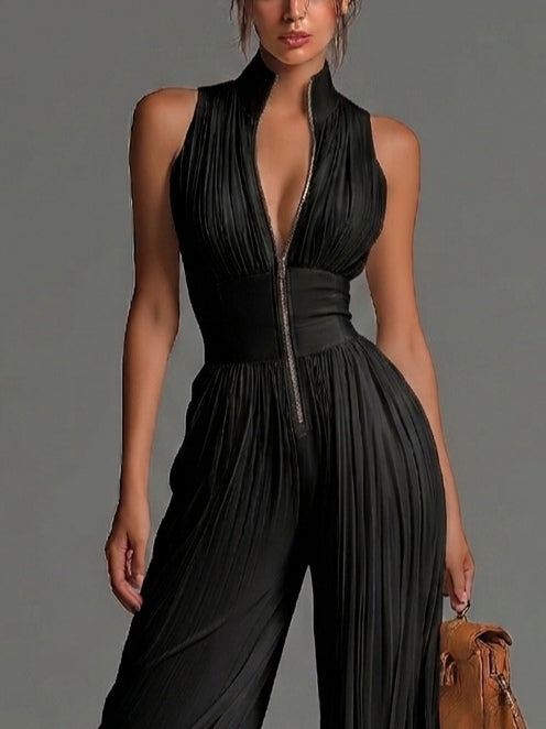 Wells & Monroe Charleston Jumpsuit van Chiffon met V-hals, Zwart