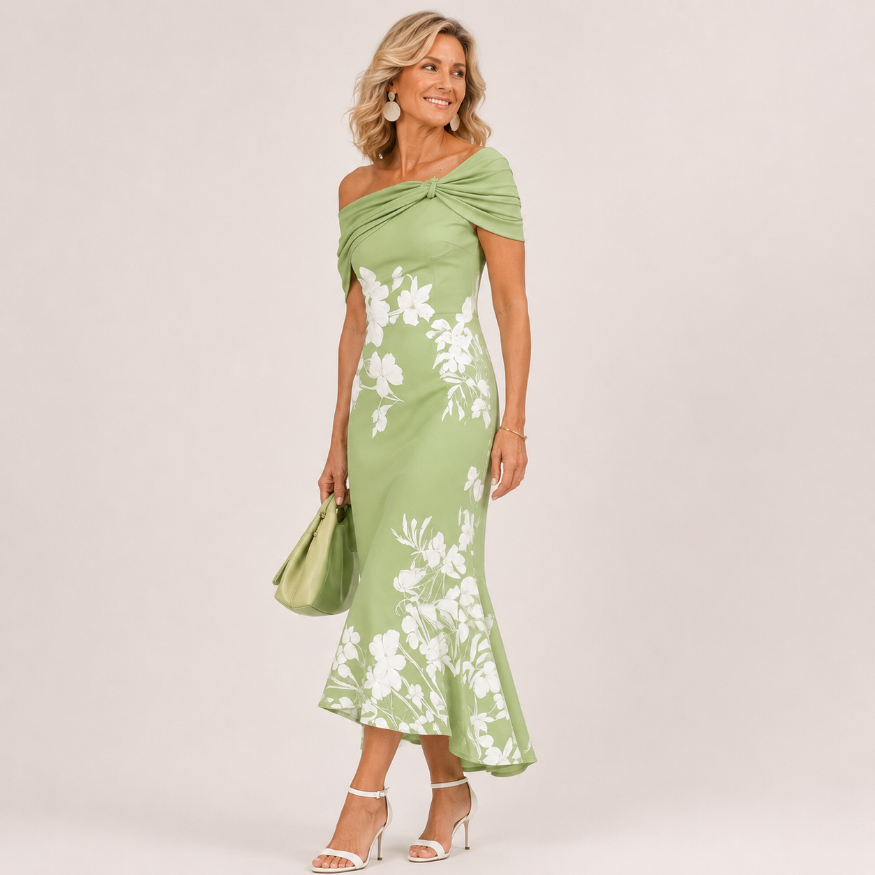 Wells and Mercer Althea Bloemen Midi Jurk met Blote Schouders