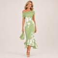 Wells and Mercer Althea Bloemen Midi Jurk met Blote Schouders