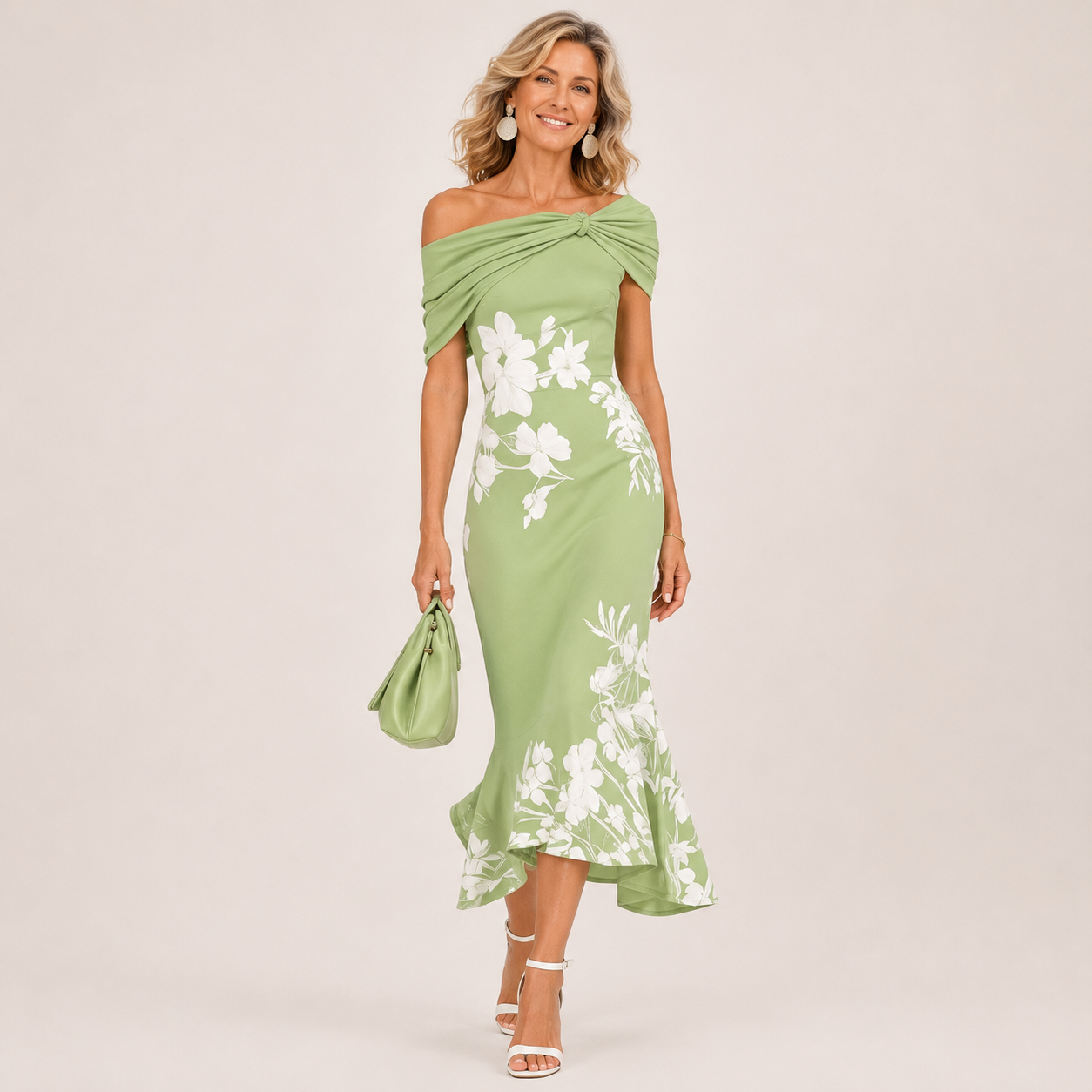 Wells and Mercer Althea Bloemen Midi Jurk met Blote Schouders