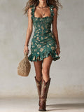 Wells & Monroe Charleston Bohemian Mini Jurk, Geruffelde Geprinte Groen
