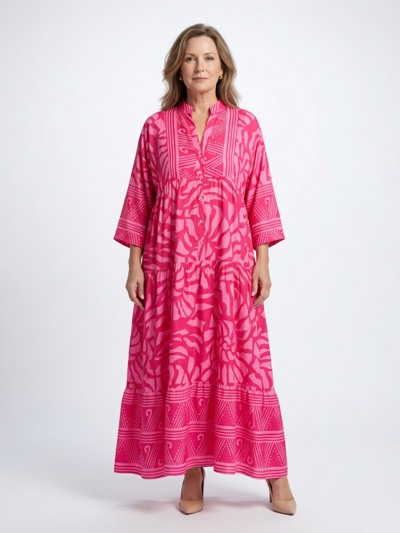 Dames Elegante Knoopsluiting Midi Jurk met Kraag