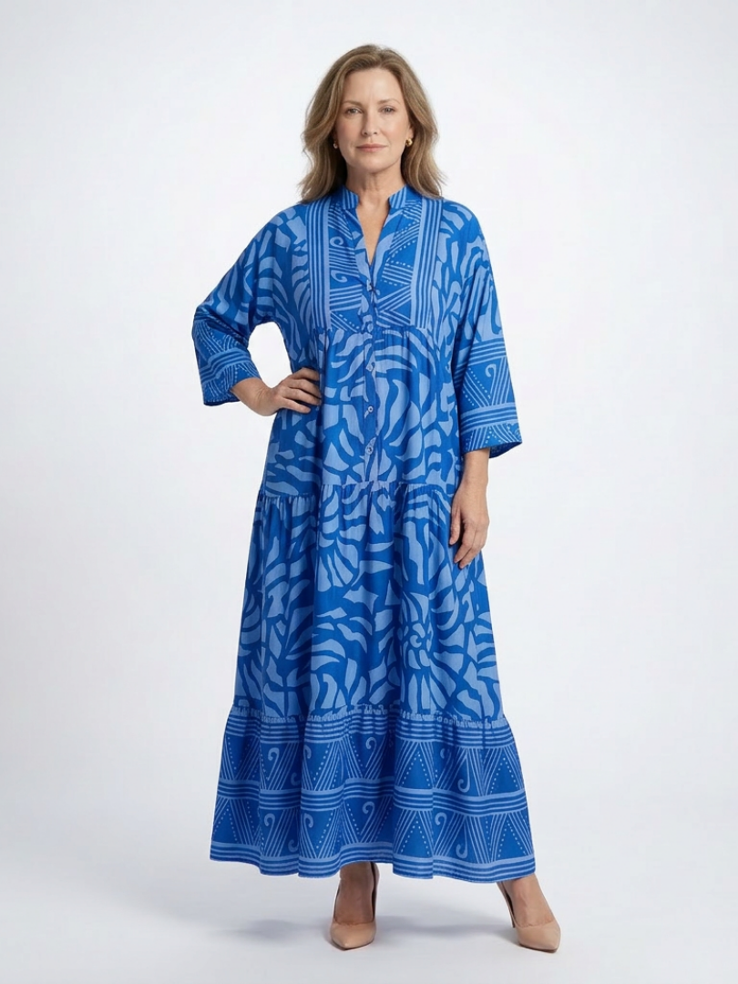 Dames Elegante Knoopsluiting Midi Jurk met Kraag