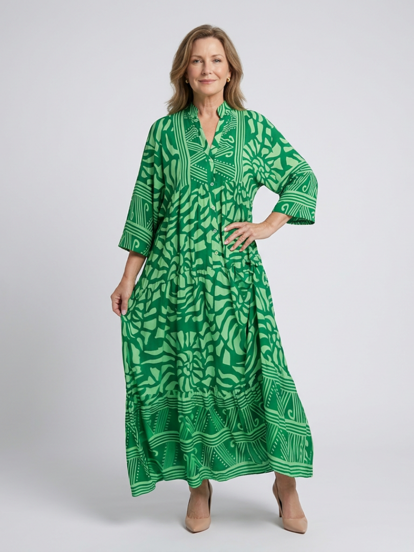 Dames Elegante Knoopsluiting Midi Jurk met Kraag