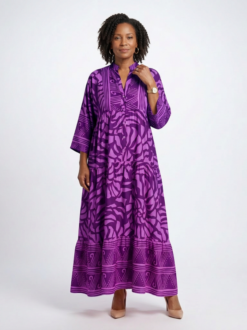 Dames Elegante Knoopsluiting Midi Jurk met Kraag