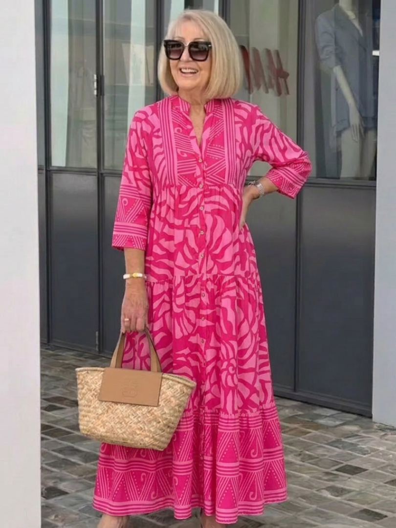 Dames Elegante Knoopsluiting Midi Jurk met Kraag