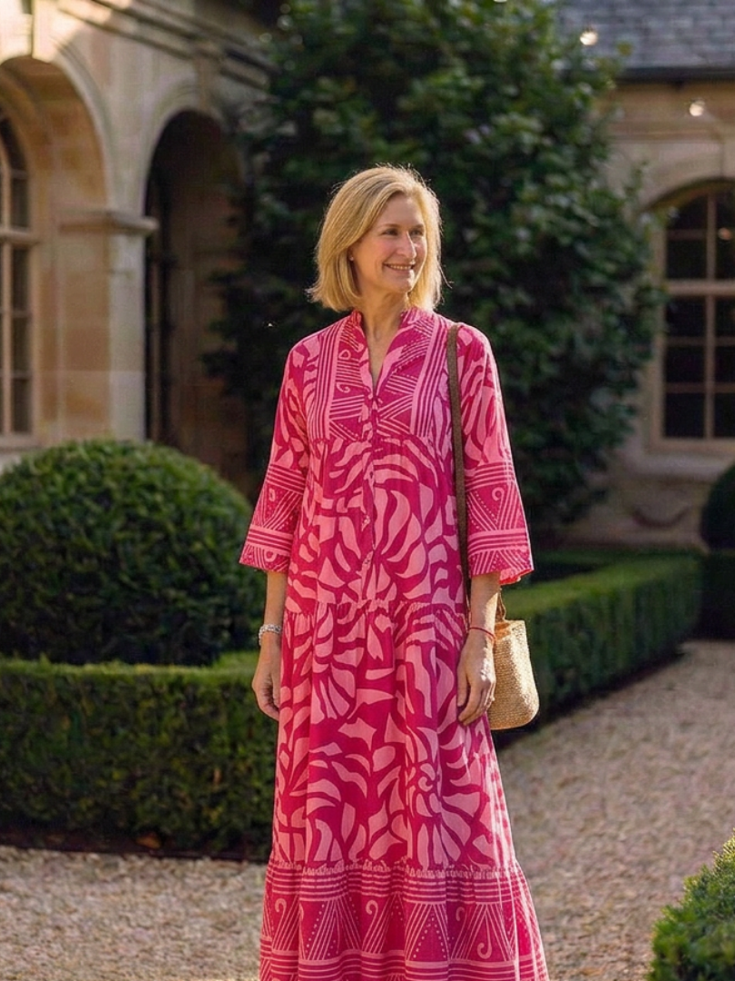 Dames Elegante Knoopsluiting Midi Jurk met Kraag