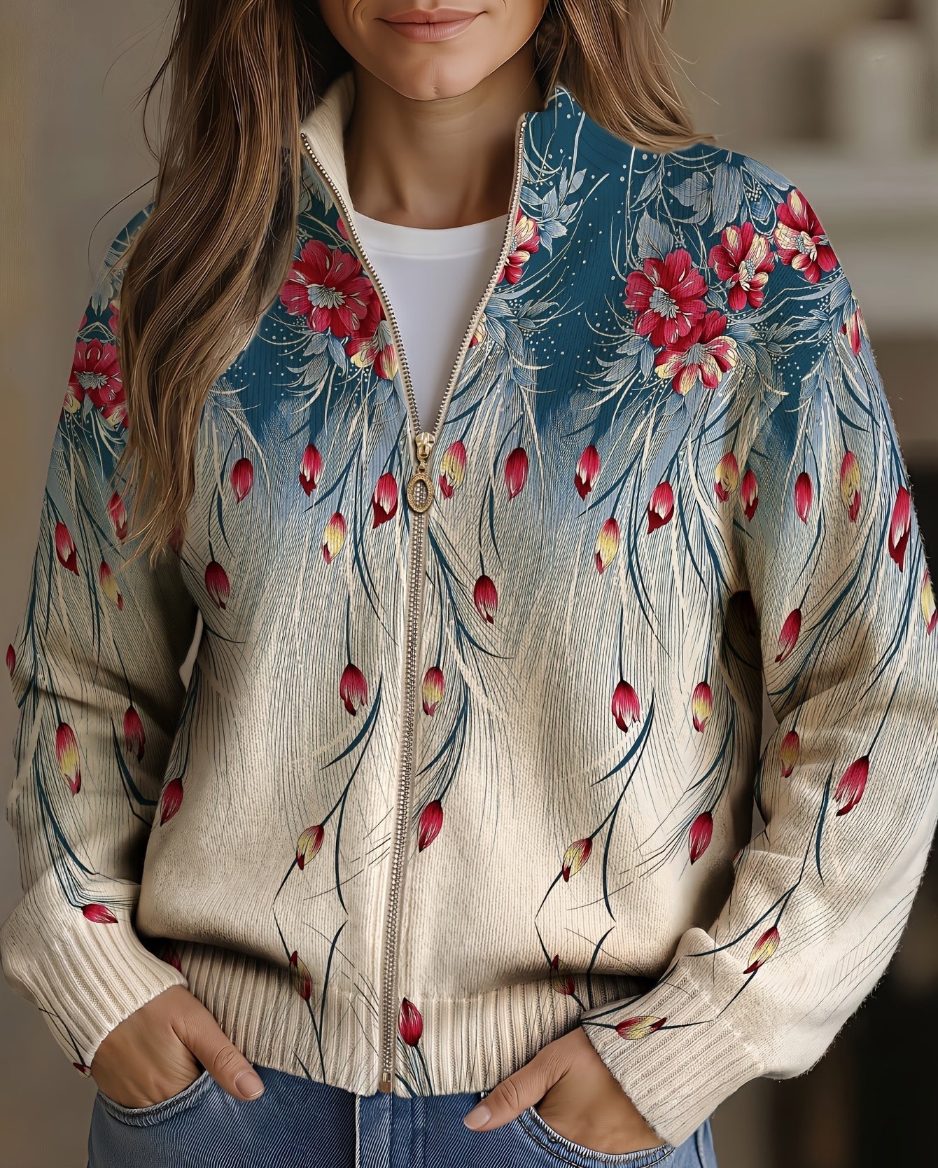 Zillah Gebreid Vest, Pauwenveer, Bloemenprint